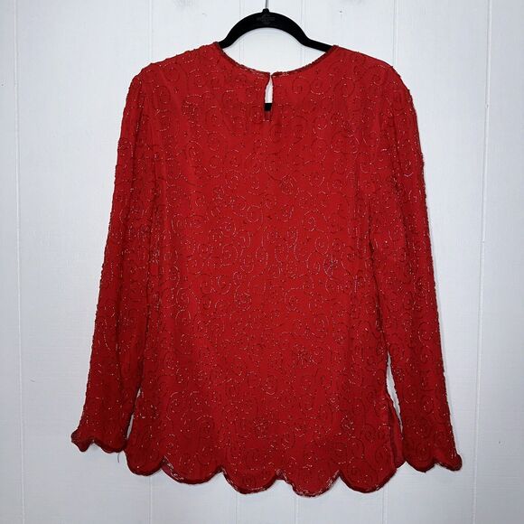 Valerie Stevens Pure Silk Vintage Women’s Heavy Beaded Top Holiday Party Red 14 - Picture 2 of 7